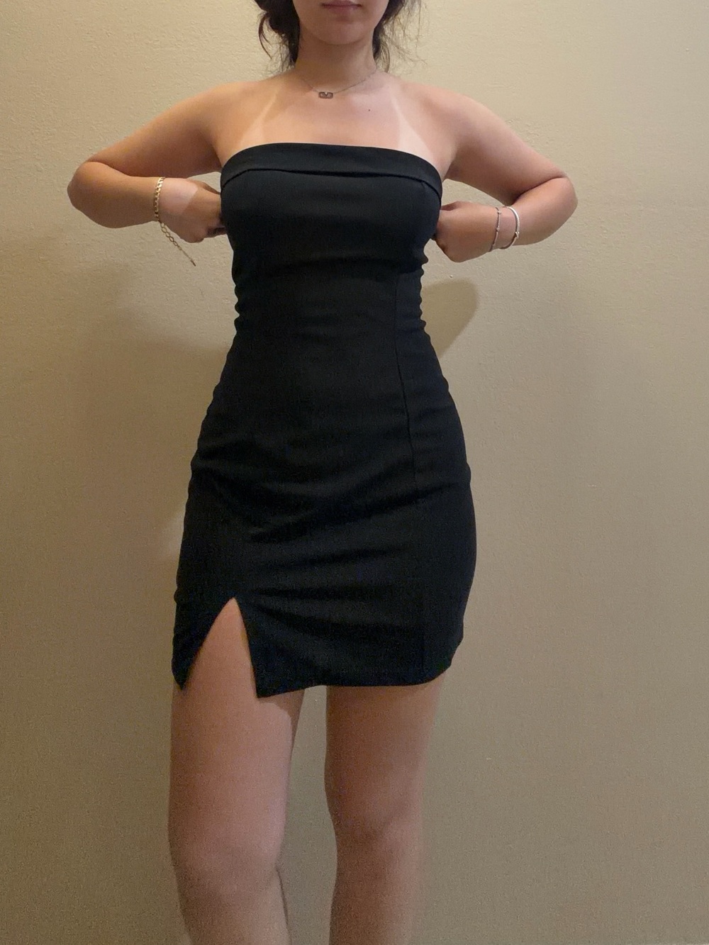 Strapless Black Bodycon Mini Dress with Front Slit